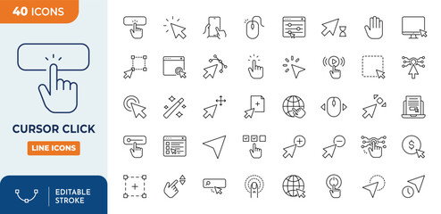 Pointer and Cursor line editable icon set. Containing Touch Gesture, Selection, Computer Mouse, Arrow, Finger, Thumb, Interface Design, Touch Screen, and more. Editable stroke. Vector illustration