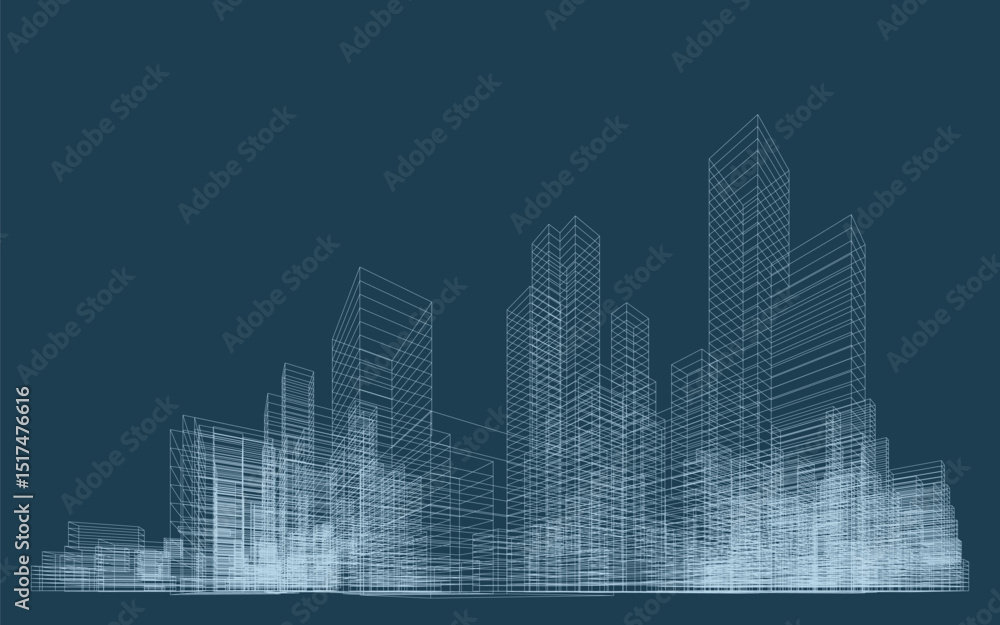 Poster 3d wireframe perspective of building. abstract wireframe city background for template design. vector