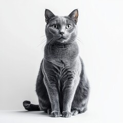 Obraz premium Elegant gray domestic cat sitting upright with alert expression and bright eyes, showcasing sleek fur, pointed ears, and a graceful posture against a plain white background