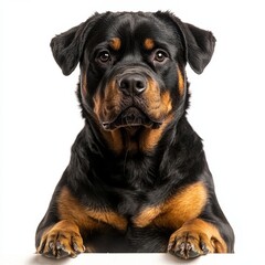 Close-up of a Rottweiler Puppy with Violent Expression Looking Directly at Camera Isolated on White Background