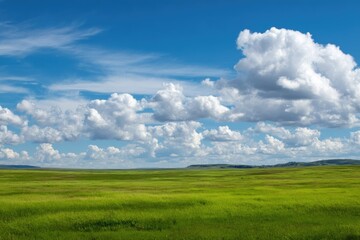 Obraz premium Vast green meadow stretches under a vibrant blue sky dotted with fluffy white clouds