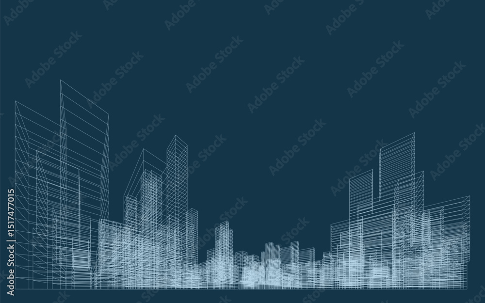 Poster 3d wireframe perspective of building. abstract wireframe city background for template design. vector