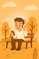 A man relaxing in a park with a warm evening atmosphere, a young man listening to music through headphones on his smartphone with a relaxed feeling. Vertical cartoon illustration.