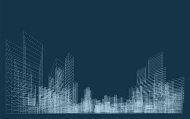 3D wireframe perspective of building. Abstract wireframe city background for template design. Vector illustration.