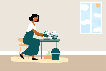 Woman wiping the dishes to organize, housekeeping, cleaning and organizing dishes, full-time housewife. Cartoon illustration.