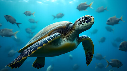 Obraz premium Sea turtle gliding right with upward gaze