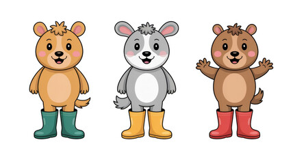 Three adorable cartoon puppies wearing colorful rain boots are eagerly preparing for a fun filled puddle splashing adventure, set against a transparent background