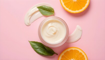 
Top View Skincare Cream Jar with Orange and Leave on Pink Background 