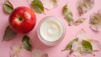 
Top View Skincare Cream Jar with Red Apple and Leaves on Pink Background 