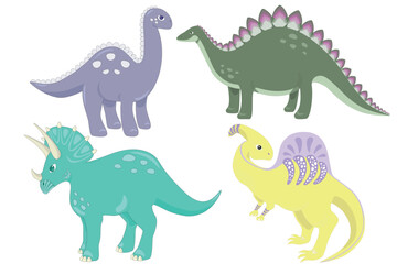 Vector illustration set of a cartoon dinosaurs of triceratops, brontosaurus, stegosaurus, art of parasaurolophus with comb on back of spinosaurus, isolated on white background, cute children's toy