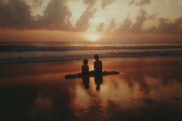 Fototapeta premium Sunset reflection of two figures sitting on the beach, creating a serene atmosphere at golden hour