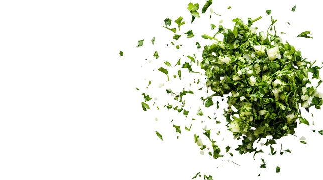 A top down view of a pile of chopped herbs with copy space to the left side isolated on transparent background