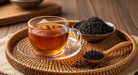 Traditional black tea setup, featuring a clear cup, tea leaves, and a wooden spoon.
