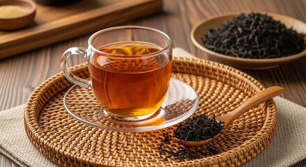 Inviting scene of freshly brewed black tea and dry tea leaves on a rustic tray.
