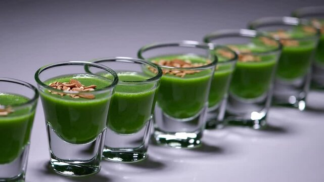 Luxurious matcha shot in clear glass, vibrant green drink with seed and almond topping, arranged in elegant row for luxury feel