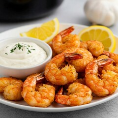 Crispy golden fried shrimp or prawns served on a white plate with creamy dipping sauce and fresh lemon wedges
