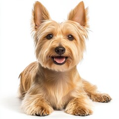 Adorable small dog with long silky fur, bright eyes, happy expression, lying on white background, domestic pet, friendly and playful animal portrait