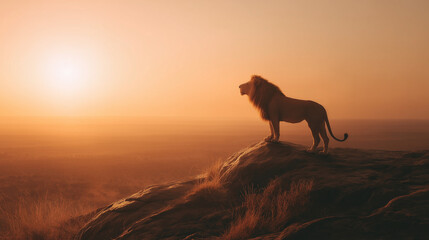 The lion standing on the rock and look up to the sky in savannah beautiful sunlight.