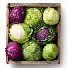 Wooden crate filled with various cabbages (3)