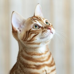 Close-up of a curious young orange tabby cat with green eyes gazing upwards with a soft blurred background perfect for animal, pet, feline, domestic, playful, and cute themes