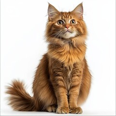 Adorable long-haired ginger tabby cat sitting upright with bright curious eyes and fluffy tail against a plain white background, showing detailed fur and expressive face