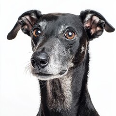 Close-up portrait of a curious black and gray mixed breed dog with attentive eyes and expressive ears, posing against a plain white background