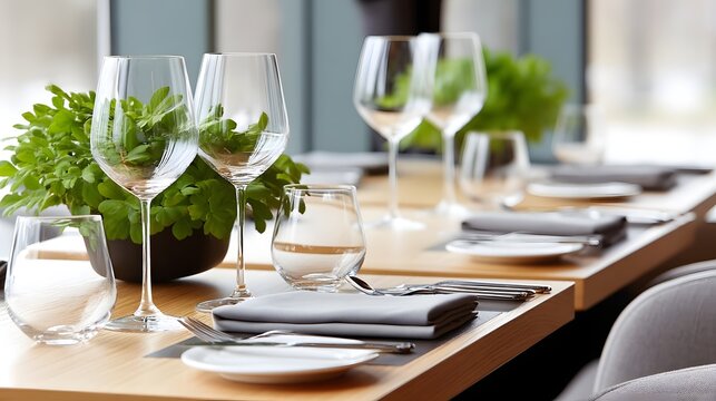 Elegant restaurant table setting with natural light and fine dining details