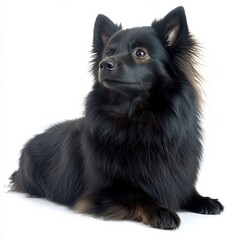 Adorable small black long-haired dog with alert expression lying on white background showcasing detailed fur and attentive eyes in a studio shot