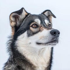 Close-up of Siberian Husky dog with striking eyes and detailed fur against a plain white background, captu loyal pet's personality and companionship
