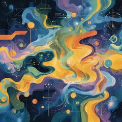 Abstract cosmic landscape.  Flowing colors, swirling patterns, and scattered celestial elements create a dynamic, otherworldly scene