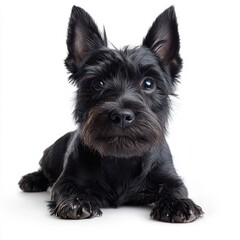Adorable black puppy sitting on a white background with big expressive eyes and fluffy fur, showcasing cuteness and playful personality in a close-up portrait