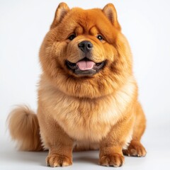 Adorable fluffy Chow Chow dog with thick orange fur and expressive eyes sitting on a plain white background, looking happy and friendly
