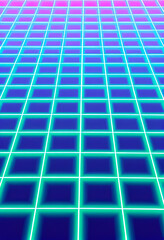 Futuristic 3D grid with glowing neon blue and purple tones, creating a digital retro atmosphere. Perfect for cyberpunk, synthwave, or virtual reality backgrounds and design projects