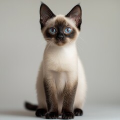 Adorable Siamese kitten with striking blue eyes sitting on a plain neutral background in a well-lit setting, showcasing detailed fur and alert expression