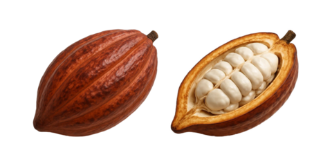 High-quality cocoa pod with one whole and one cut open to reveal fresh white cocoa beans inside. Perfect for chocolate production, agriculture, organic farming, transparent, clipping path