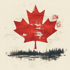 Artistic grunge illustration of a red maple leaf and canadian wilderness landscape
