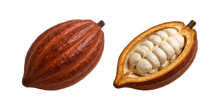 High-quality cocoa pod with one whole and one cut open to reveal fresh white cocoa beans inside. Perfect for chocolate production, agriculture, organic farming, transparent, clipping path
