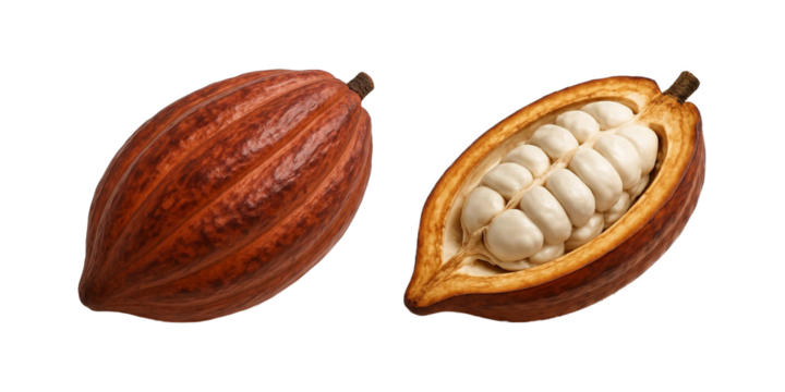 High-quality cocoa pod with one whole and one cut open to reveal fresh white cocoa beans inside. Perfect for chocolate production, agriculture, organic farming, transparent, clipping path