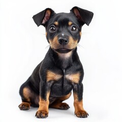 Adorable small black and tan puppy sitting against a plain white background with alert eyes and perky ears, showcasing a cute young dog for pet lovers and animal enthusiasts