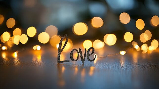 Romantic sentiment displayed against a backdrop of warm bokeh lights.