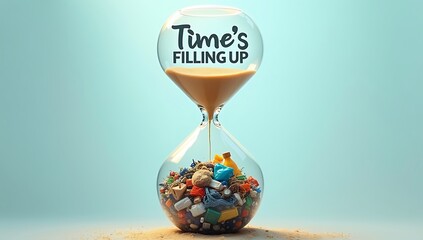 Poster of an hourglass filled with sand on top and polluted ocean plastics collecting at the bottom — "Time’s filling up."
