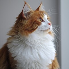 Elegant and fluffy ginger and white long-haired domestic cat gazing out the window showcasing eyes and soft fur, natural indoor lighting