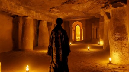 Mysterious walk through ancient candlelit underground cave with pillars - Powered by Adobe