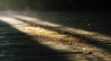 Golden glitter dust on a wooden floor, illuminated by light beams