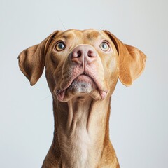 Close-up portrait of a curious brown dog with expressive blue eyes and floppy ears against a plain light background, showcasing detailed facial features and realistic fur texture