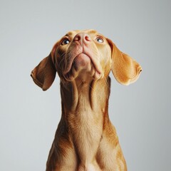 Close-up of a curious and attentive brown dog with expressive eyes and floppy ears looking upward against a plain light gray background