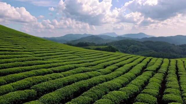 Tranquil tea fields with lush green rows, peaceful landscape, mountain view, blue sky, serene nature, rolling hills