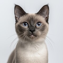 Close-up portrait of a Siamese cat with striking blue eyes and creamy fur looking directly at the camera against a plain light background