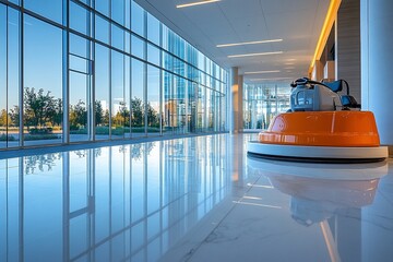 Obraz premium Floor cleaning machine cleaning the floor in a modern building lobby area
