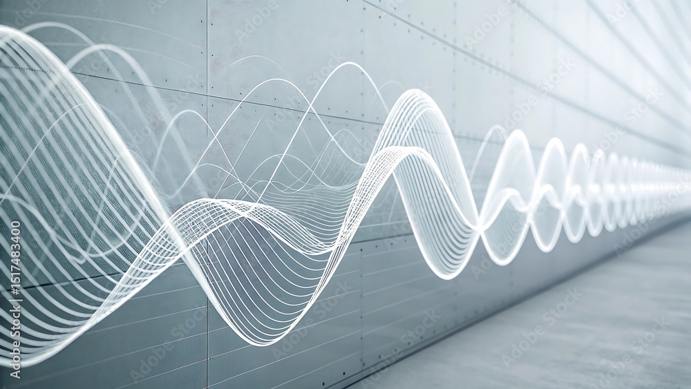 Poster abstract waveforms in white on modern wall surface representing audio frequency, digital sound techn